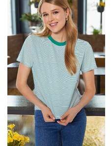 Trendyol Green Ecru Striped Premium Basic Regular/Normal Fit Crew Neck Knitted T-Shirt