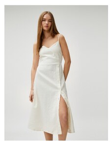 Koton Thin Straps Midi Midi Dress with Slits and Buttons in the Front Linen-Mixed