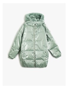 Koton Long Shiny Puffy Coat with a Hooded Faux Für Detail.