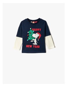 Koton Christmas Theme Snoopy Licensed T-shirt with a Long Sleeves Camouflage Crew Neck.