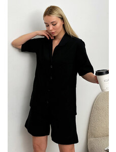 Trend Alaçatı Stili Dámsky čierny tkaný pyžamový oblek s jedným vreckom a šortkami Alc-X11662