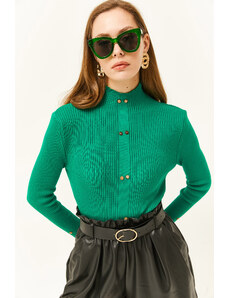 Olalook Dámska Tráva Zelená Gombík s vysokým výstrihom Zdobený Lycra Pletený sveter