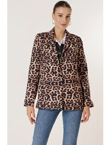 By Saygı One Button Lined Leopard Pattern Comfort Fit Jacket