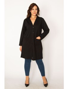 Şans Women's Plus Size Black Front Buttoned Unlined Jacket with Pocket