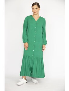 Şans Women's Green Plus Size Woven Viscose Fabric Front Length Buttoned Long Sleeve Dress