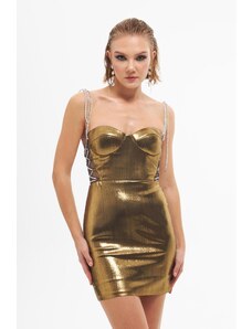 Carmen Copper Shiny Knitted Stone Laced Short Evening Dress