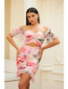 Carmen Coral Printed Frilled Short Dress with Low-cut Midriff