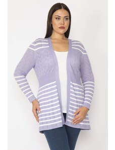 Şans Women's Plus Size Lilac Openwork Knitted Striped Sweater Cardigan