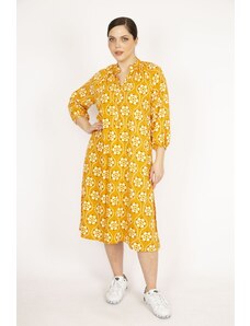 Şans Women's Yellow Plus Size Front Pat Buttoned Woven Viscose Fabric Dress