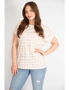Şans Women's Mink Plus Size Front Checkered Low Sleeve Blouse