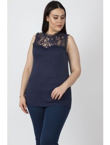 Şans Women's Plus Size Navy Blue Blouse with Decollete and Lace Detail