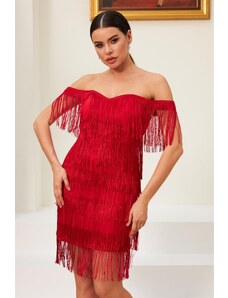 Carmen Red Tassels Low Sleeve Henna And After Party Dress