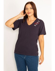 Şans Women's Plus Size Navy Blue V-Neck Embroidery Detailed Blouse