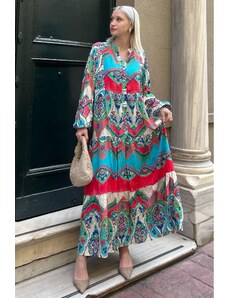 Madmext Turquoise Elastic Half Buttoned Crew Neck Floral Dress