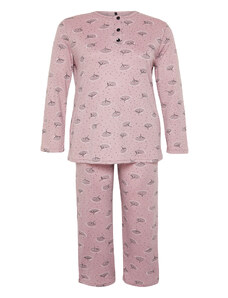 Trendyol Curve Pink Buttoned Floral Pattern Knitted Pajamas Set