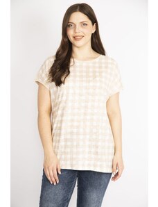 Şans Women's Mink Plus Size Front Checkered Low Sleeve Blouse