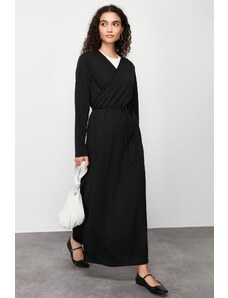 Trendyol Black Double Breasted Collar Belted Plain Knitted Prayer Dress