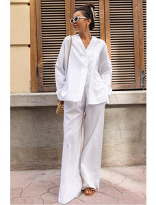 Laluvia White Linen Double Cuff Trousers Shirt Suit