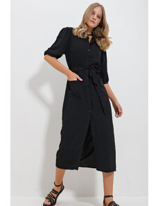 Trend Alaçatı Stili Dámske čierne košeľové šaty s dvojitým vreckom a melónovým rukávom