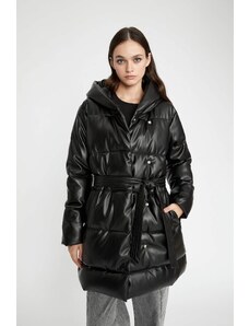 DEFACTO Waterproof Regular Fit Hooded Faux Leather Long Puffer Jacket