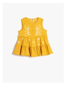 Koton Sleeveless T-Shirt with Embroidered Flowers and Ruffles in a loose fit.
