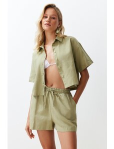 Trendyol Green Woven Linen Look Shirt Shorts Set