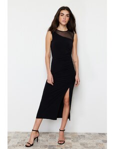 Trendyol Black Tulle Detailed Gathered Slit Fitted Flexible Knitted Maxi Pencil Dress