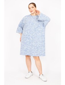 Şans Women's Blue Plus Size Thick Knitwear Capri Sleeve Tunic Dress