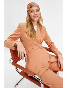 Trendyol Camel Belted Crepe Lined Jacket Trousers Woven Bottom Top Suit