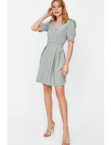 Trendyol Mint Waist Opening Mini Lined Double Breasted Collar Pleated Woven Dress