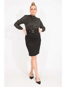 Şans Women's Plus Size Black Polka Dot Patterned Dress with a Belt