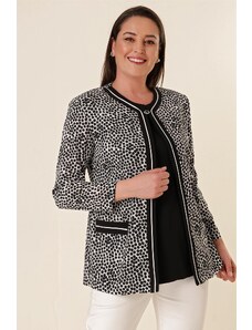 By Saygı Lycra Athletic Polka Dot Plus Size Crepe Satin Jacket with Fake Pocket. Black