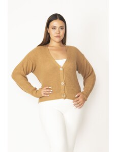 Şans Women's Plus Size Camel V-Neck Knitwear Cardigan with Buttons