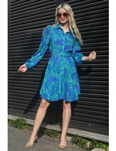 Madmext Blue Floral Pattern Shirt Collar Mini Dress