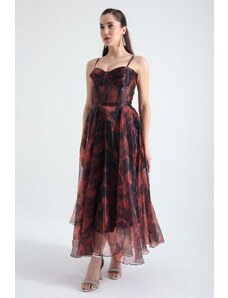 Lafaba Women's Brown Design Organza Evening Dress