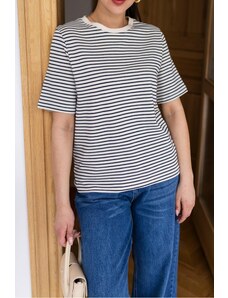 Laluvia Ecru-Black Striped Crew Neck Cotton T-Shirt