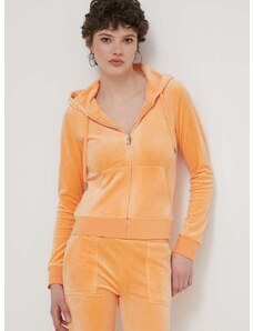 Velúrová mikina Juicy Couture oranžová farba, s kapucňou, s nášivkou