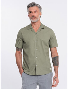 Ombre Clothing Pánska košeľa s krátkym rukávom a kubánskym golierom - khaki V4 OM-SHSS-0168