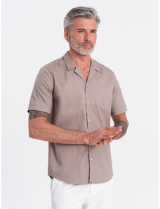 Ombre Clothing Pánska košeľa s krátkym rukávom a kubánskym golierom - tmavobéžová V3 OM-SHSS-0168