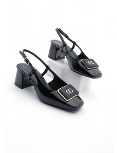 Marjin Women's Buckled Open Back Scarf Flat Toe Classic Heeled Shoes Leris Black Patent Leather