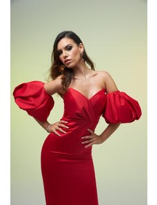 Carmen Červené saténové krátke večerné šaty s balónovým rukávom