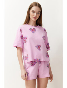Trendyol Collection Ružovo-viacfarebné pletené pyžamá zo 100 % bavlny so srdcom