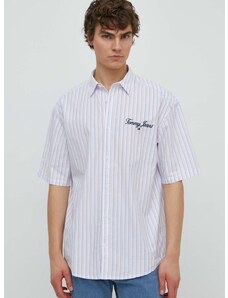 Bavlnená košeľa Tommy Jeans pánska,biela farba,voľný strih,s klasickým golierom,DM0DM18955
