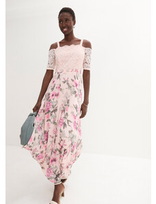 bonprix Šifónové šaty s kvetovanou potlačou a čipkou, farba ružová, rozm. 42