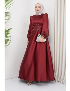 Olcay Saténové večerné šaty s kamienkovým detailom vpredu a rukávmi Claret Red