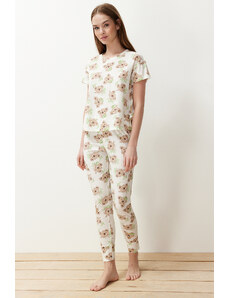 Trendyol Collection Ecru bavlnená súprava pleteného pyžama so zvieracím vzorom