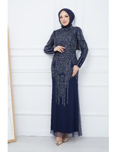 Olcay Korálkový a šperkovaný tylový hidžáb večerné šaty NAVY BLUE