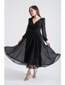 Lafaba Dámske čierne dvojradové večerné šaty s golierom a trblietavým opaskom