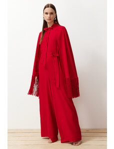 Trendyol Modest Červený kostým s kapucňou a kombinézou na večerné šaty