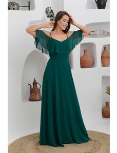 Carmen Dlhé večerné smaragdové šaty na ramienka s nízkym rukávom